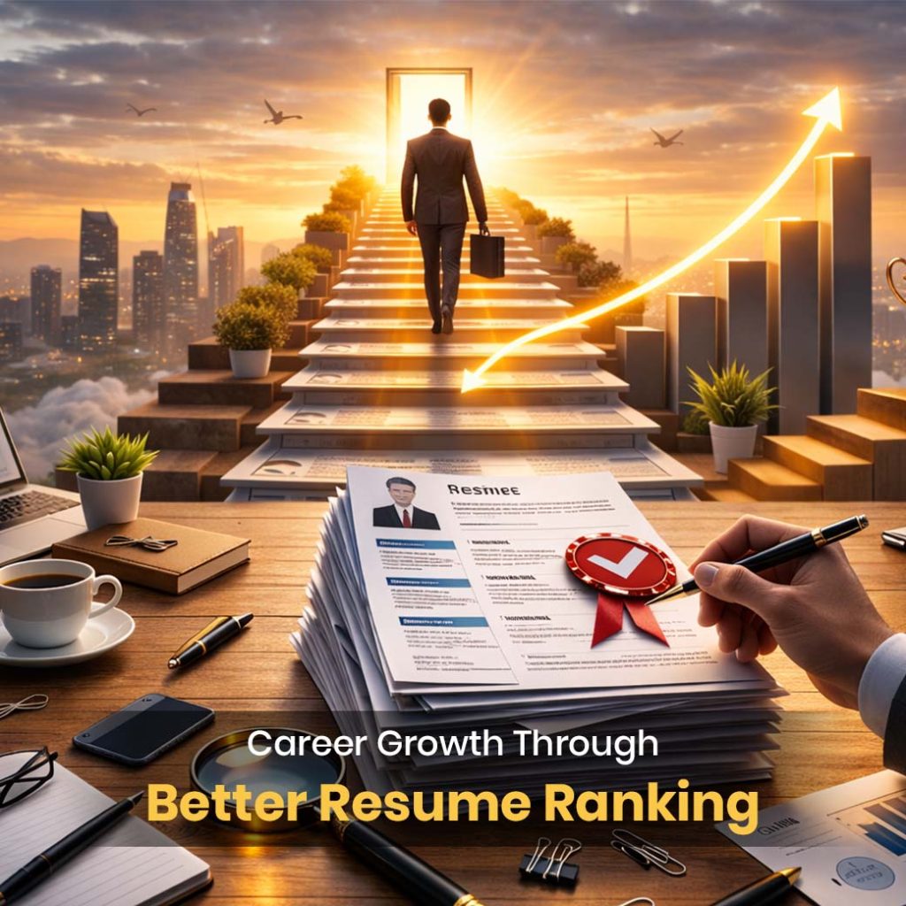 Resume ranking guide showing how to rank your resume at the top of recruiter searches using ATS optimization and smart job search strategies in 2026